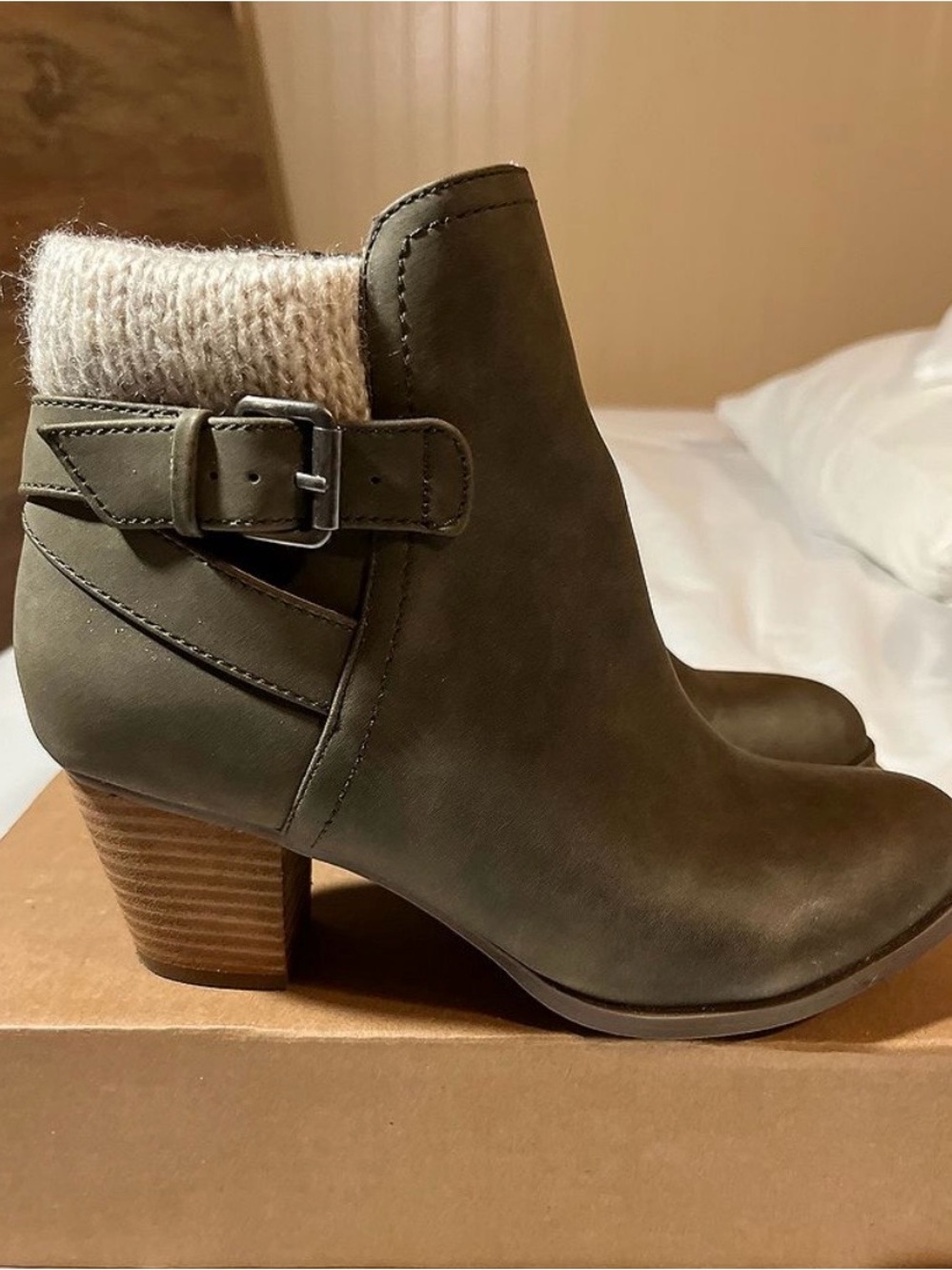 Report Olive Green Ankle Boots with Knit Cuff and Buckle